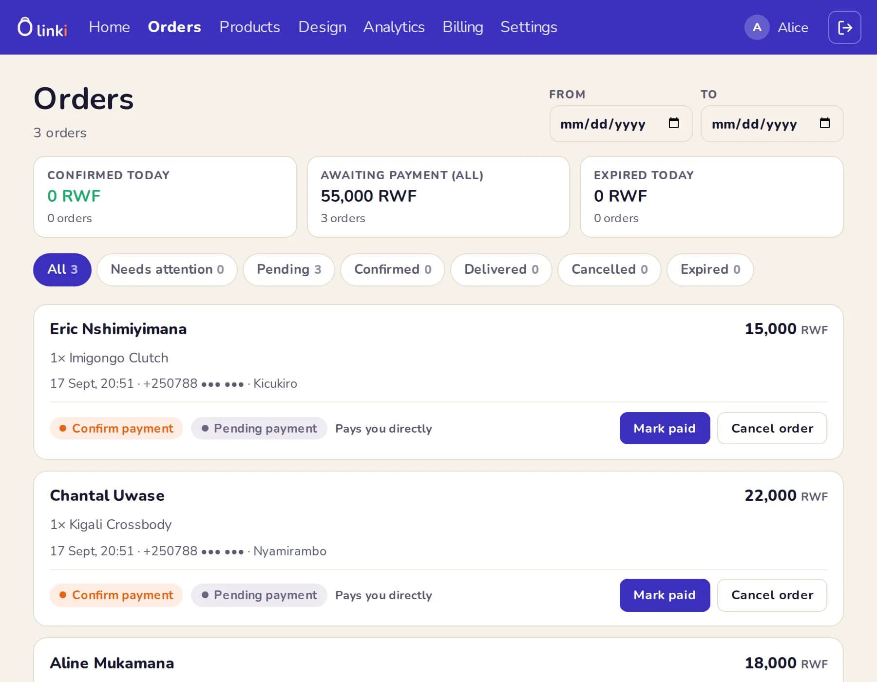The seller’s order list. Three orders are waiting for payment. Each row gives the buyer’s name, their phone number, what they ordered, the delivery area they typed and the total — for example one Imigongo Clutch for 15,000 RWF, to Kicukiro — with buttons to mark it paid or cancel it.